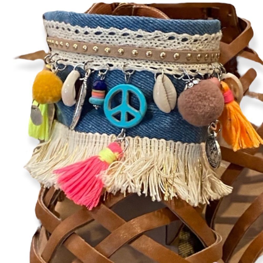 Boho Hippie Wide Ankle Wraps, Tassel Charms Hanging on Wide Denim Boot Wraps